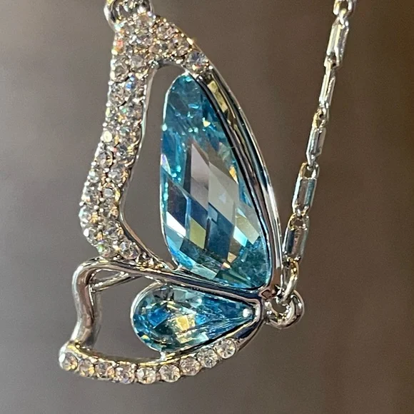 Blue & Silver Crystal Butterfly Wing Necklace - Picture 4 of 9
